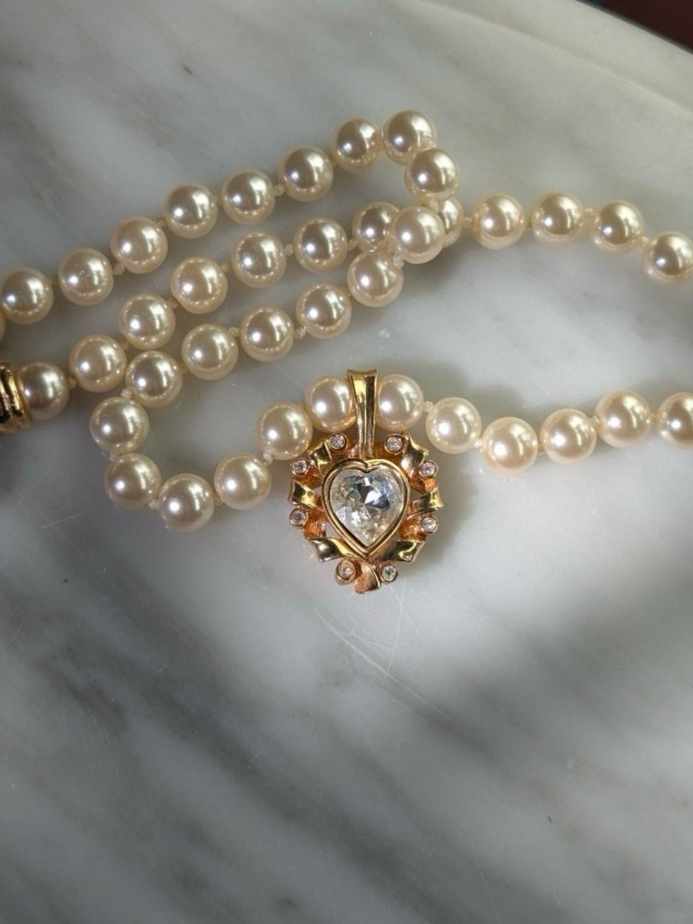 Swarovski Vintage Heart Pearl Look Necklace SAL S.A.L. Gold Plated Gold Tone - Picture 6 of 8